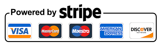 Powered by Stripe - Visa, Mastercard, Maestro, American Express, Discover
