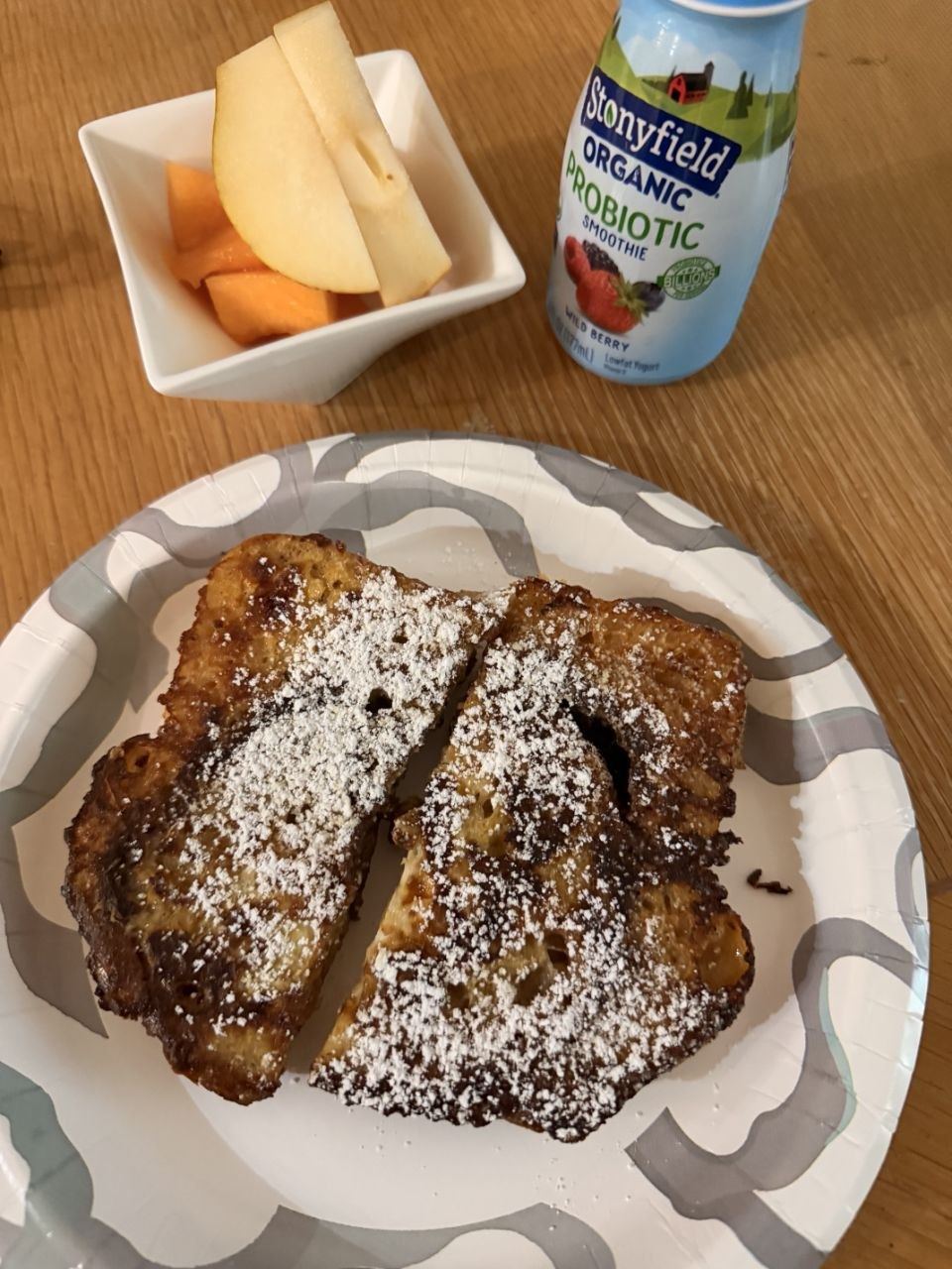 Golden sourdough French toast with maple syrup drizzle