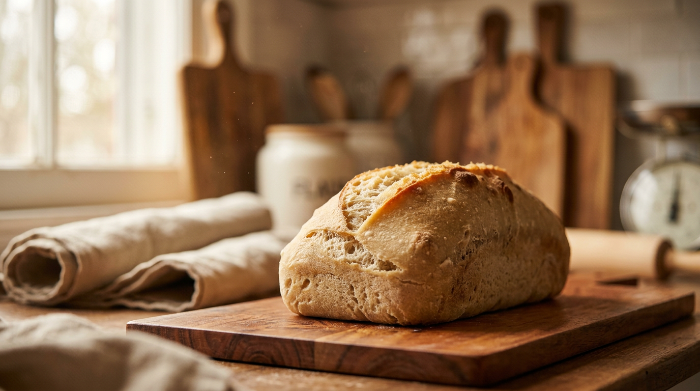 Single sourdough loaf on a wooden cutting board