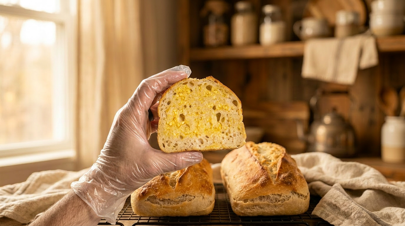 Hand holding a sourdough slice drizzled with olive oil